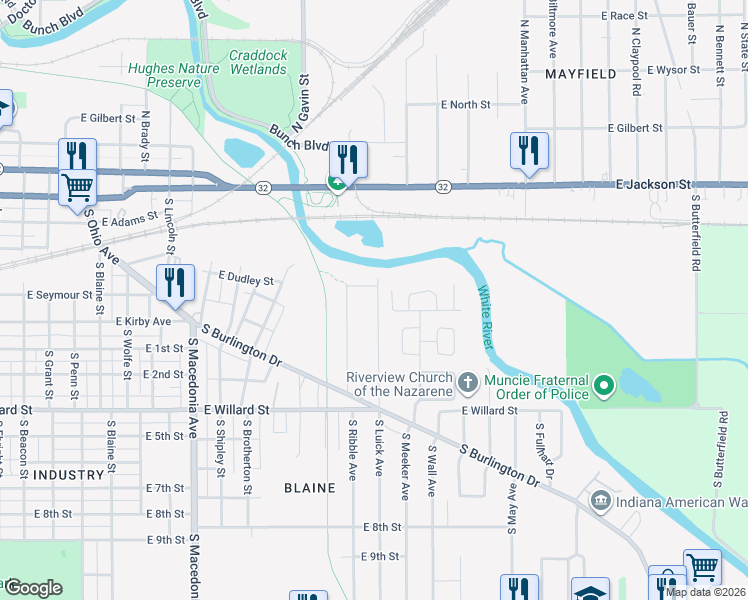 map of restaurants, bars, coffee shops, grocery stores, and more near 702 S Ribble Ave in Muncie