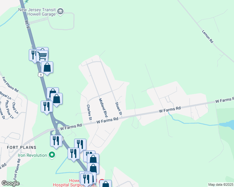map of restaurants, bars, coffee shops, grocery stores, and more near 32 Charles Street in Howell Township