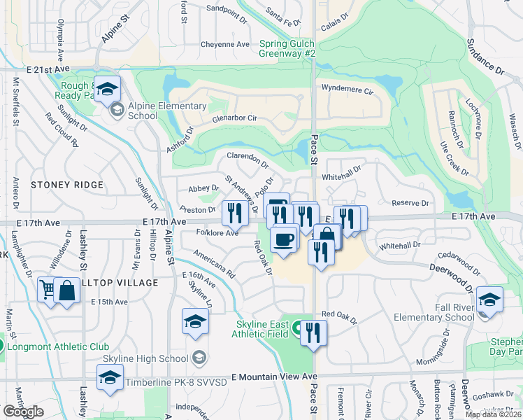 map of restaurants, bars, coffee shops, grocery stores, and more near 1705 Polo Way in Longmont