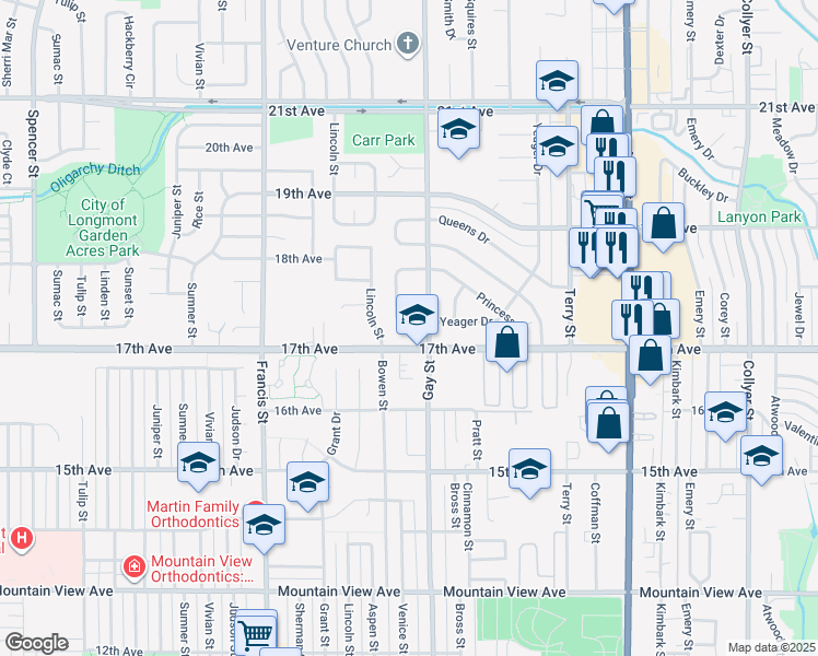 map of restaurants, bars, coffee shops, grocery stores, and more near 1314 Garden Circle in Longmont