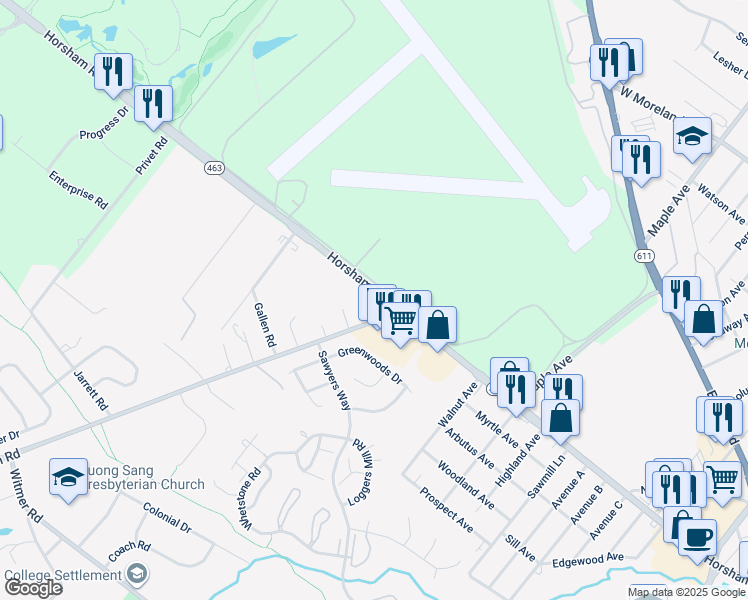 map of restaurants, bars, coffee shops, grocery stores, and more near 605 Horsham Road in Horsham