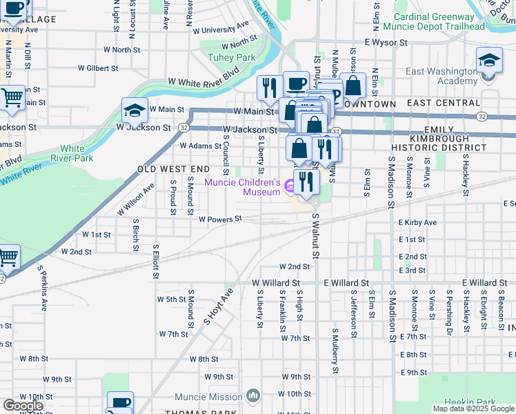 map of restaurants, bars, coffee shops, grocery stores, and more near 519 South Liberty Street in Muncie