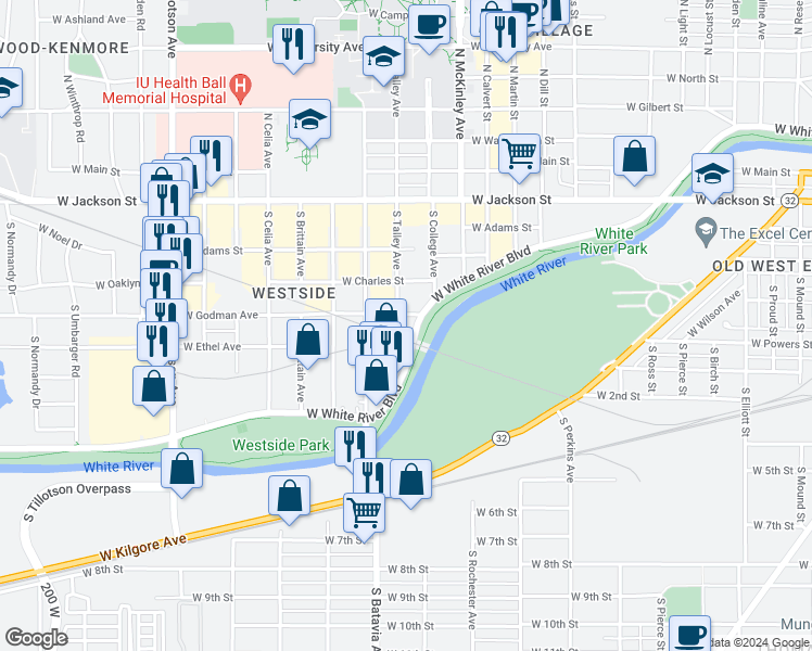 map of restaurants, bars, coffee shops, grocery stores, and more near 520 South Talley Avenue in Muncie