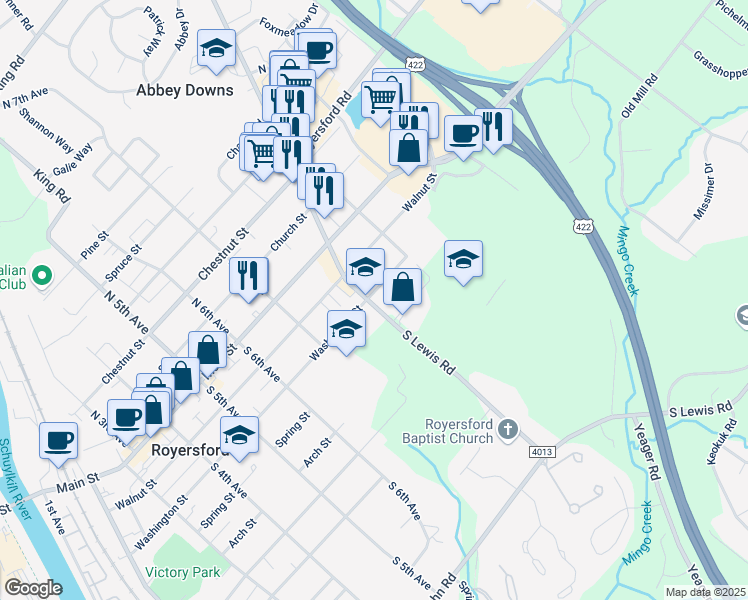 map of restaurants, bars, coffee shops, grocery stores, and more near 800 Washington Street in Royersford