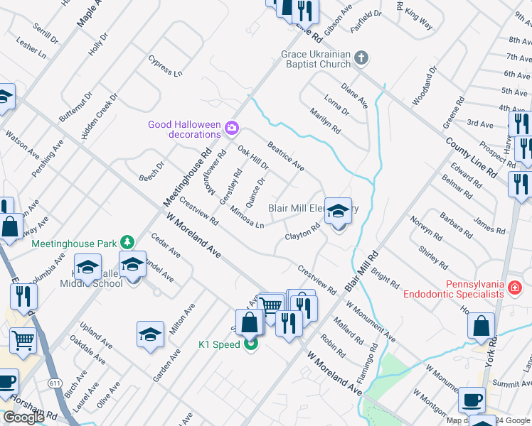 map of restaurants, bars, coffee shops, grocery stores, and more near 112 Crab Apple Lane in Hatboro