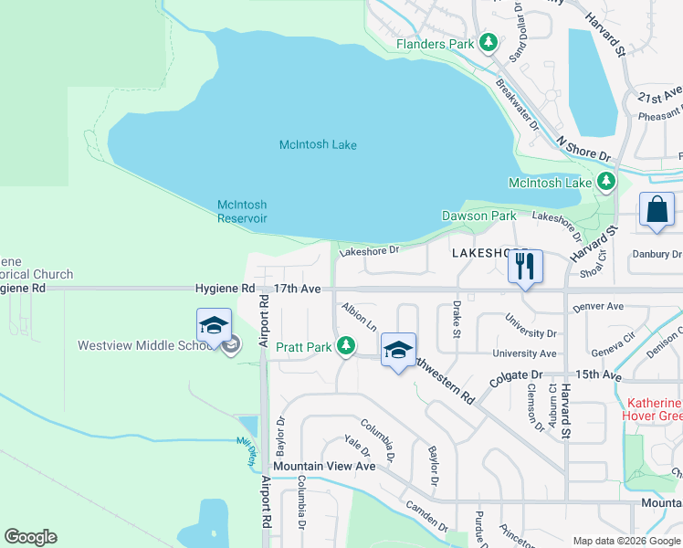 map of restaurants, bars, coffee shops, grocery stores, and more near 8597 Hygiene Road in Longmont