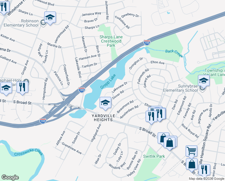 map of restaurants, bars, coffee shops, grocery stores, and more near 10 Lakeview Drive in Hamilton Township