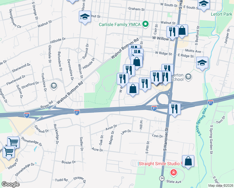 map of restaurants, bars, coffee shops, grocery stores, and more near 850 Bicentennial Drive in Carlisle