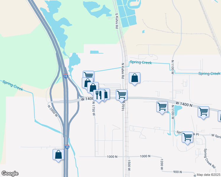 map of restaurants, bars, coffee shops, grocery stores, and more near 1550 North 1750 West in Springville