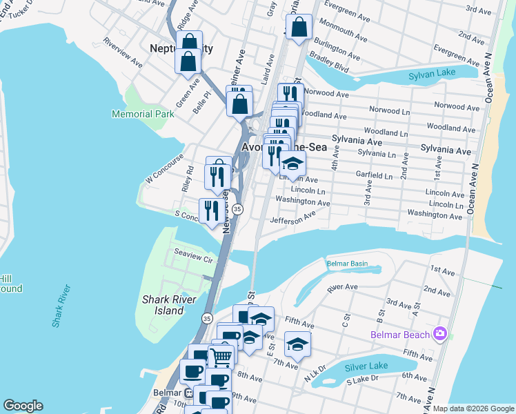 map of restaurants, bars, coffee shops, grocery stores, and more near 119 South Station Avenue in Avon-by-the-Sea