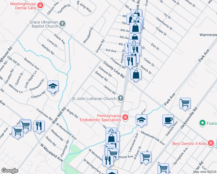 map of restaurants, bars, coffee shops, grocery stores, and more near 28 James Road in Hatboro