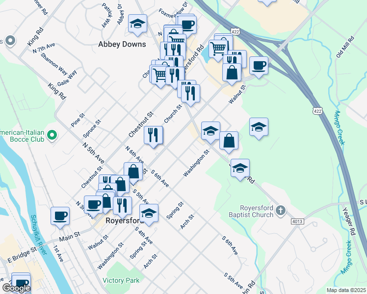 map of restaurants, bars, coffee shops, grocery stores, and more near 731 Walnut Street in Royersford