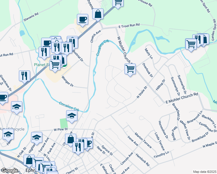 map of restaurants, bars, coffee shops, grocery stores, and more near 50 Autumn Blaze Way in Ephrata