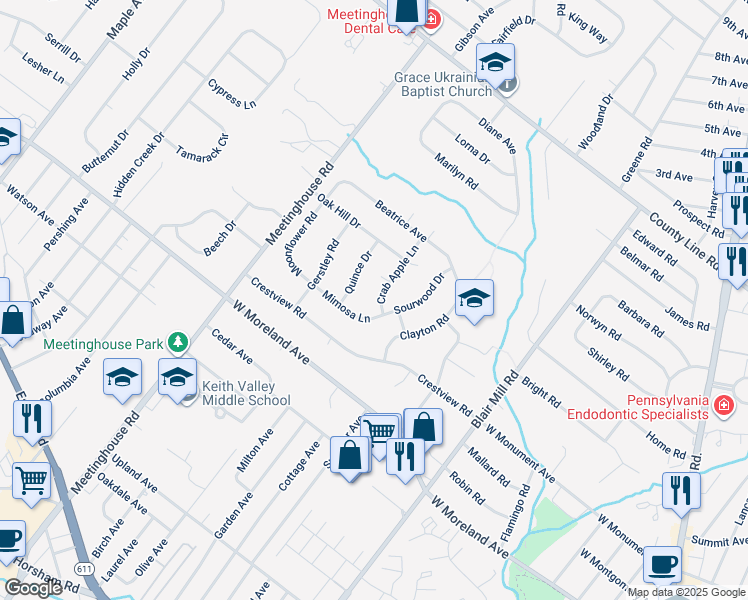 map of restaurants, bars, coffee shops, grocery stores, and more near 112 Crab Apple Lane in Hatboro