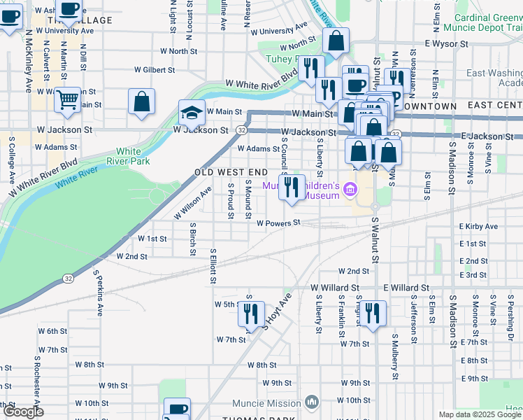 map of restaurants, bars, coffee shops, grocery stores, and more near 527 South Gharkey Street in Muncie