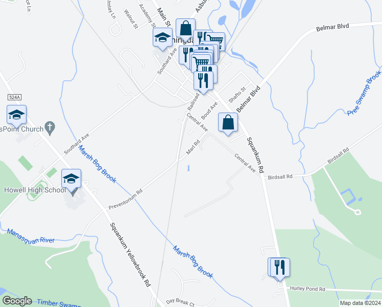 map of restaurants, bars, coffee shops, grocery stores, and more near 6 Marl Road in Farmingdale