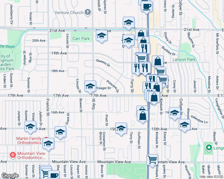 map of restaurants, bars, coffee shops, grocery stores, and more near 1011 Yeager Drive in Longmont