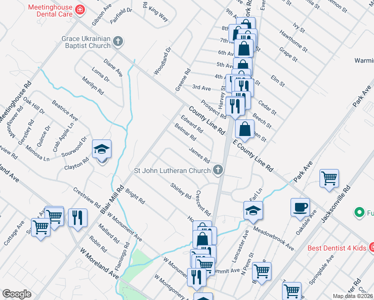 map of restaurants, bars, coffee shops, grocery stores, and more near 28 James Road in Hatboro