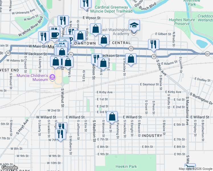 map of restaurants, bars, coffee shops, grocery stores, and more near 607 South Vine Street in Muncie