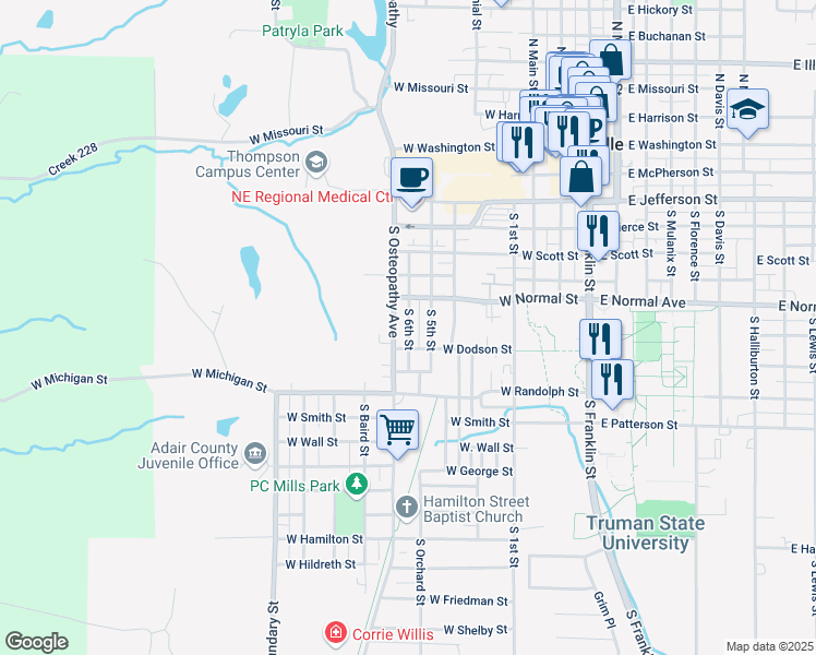 map of restaurants, bars, coffee shops, grocery stores, and more near 720 South 6th Street in Kirksville
