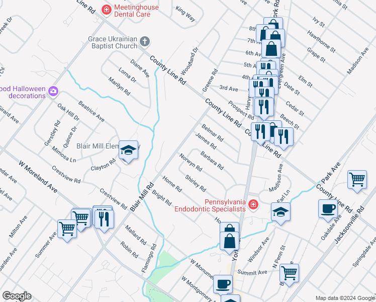 map of restaurants, bars, coffee shops, grocery stores, and more near 56 Barbara Road in Hatboro