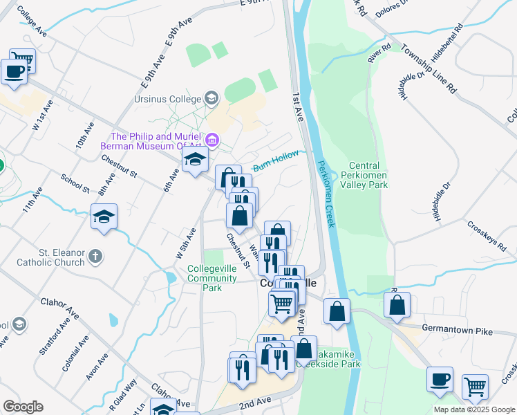map of restaurants, bars, coffee shops, grocery stores, and more near 5 Glenwood Avenue in Collegeville