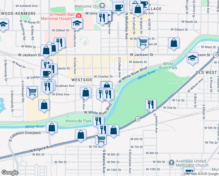 map of restaurants, bars, coffee shops, grocery stores, and more near 520 South Talley Avenue in Muncie