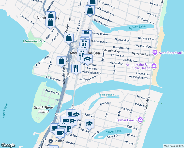 map of restaurants, bars, coffee shops, grocery stores, and more near 438 Washington Avenue in Avon-by-the-Sea