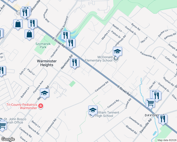 map of restaurants, bars, coffee shops, grocery stores, and more near 2100 Centennial Station in Warminster