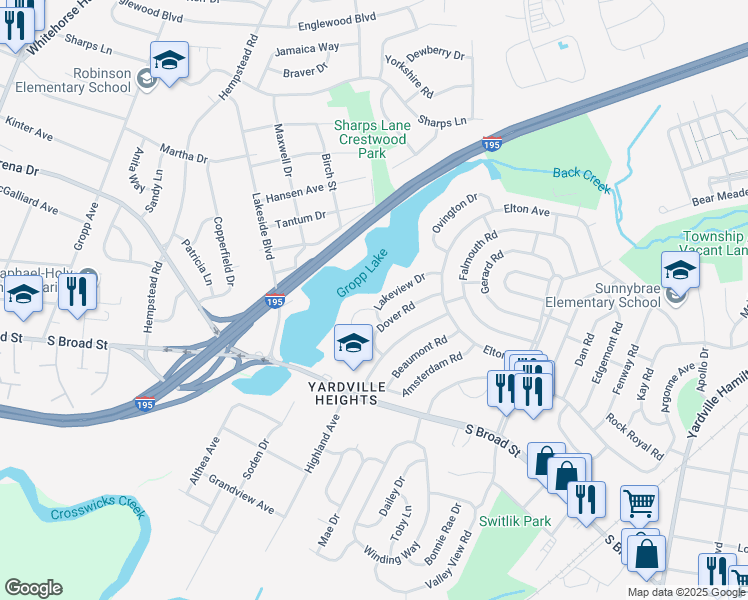 map of restaurants, bars, coffee shops, grocery stores, and more near 10 Lakeview Drive in Hamilton Township