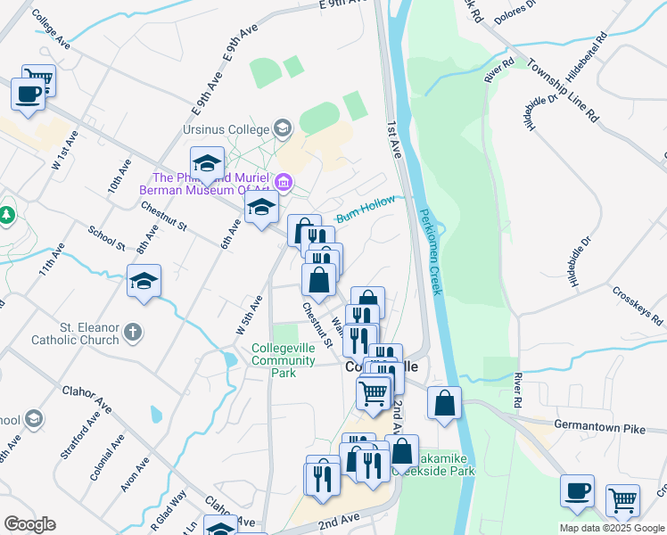 map of restaurants, bars, coffee shops, grocery stores, and more near 454 East Main Street in Collegeville