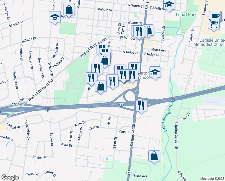 map of restaurants, bars, coffee shops, grocery stores, and more near 10 Noble Blvd in Carlisle