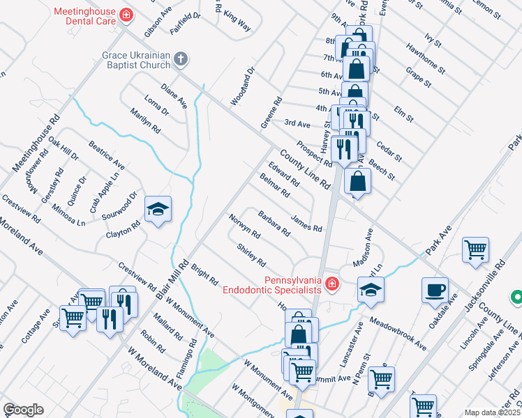 map of restaurants, bars, coffee shops, grocery stores, and more near 42 Barbara Road in Hatboro