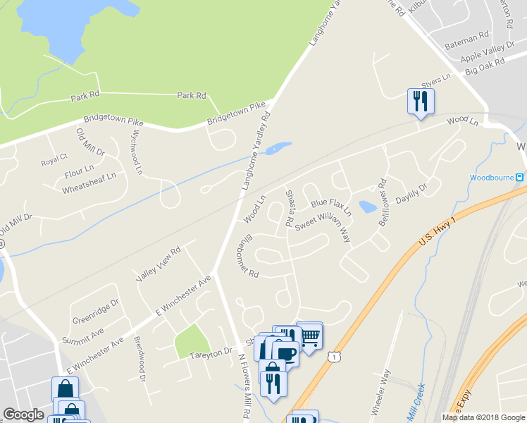 map of restaurants, bars, coffee shops, grocery stores, and more near 12 Tupelo Lane in Langhorne