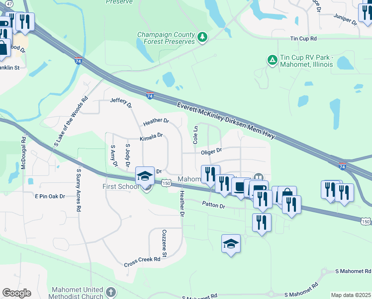 map of restaurants, bars, coffee shops, grocery stores, and more near 712 Heather Drive in Mahomet