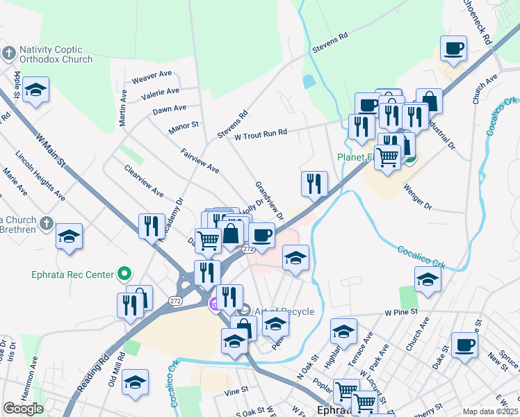 map of restaurants, bars, coffee shops, grocery stores, and more near 411 Holly Dr in Ephrata