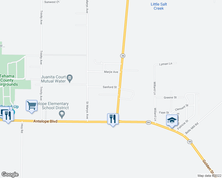 map of restaurants, bars, coffee shops, grocery stores, and more near 22855 Sanford Street in Red Bluff