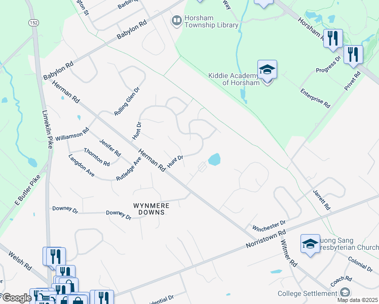map of restaurants, bars, coffee shops, grocery stores, and more near 14 Hunt Drive in Horsham