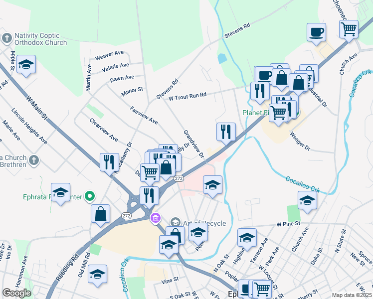 map of restaurants, bars, coffee shops, grocery stores, and more near 411 Holly Dr in Ephrata