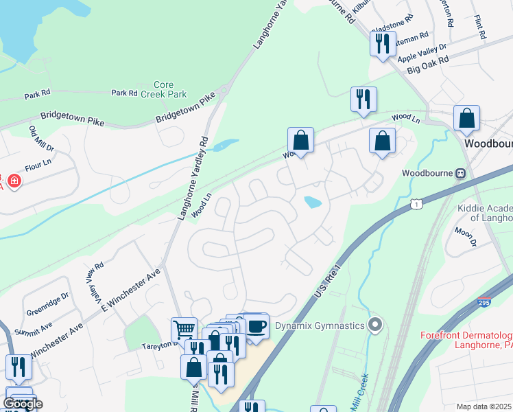 map of restaurants, bars, coffee shops, grocery stores, and more near 8 Blue Flax Lane in Langhorne