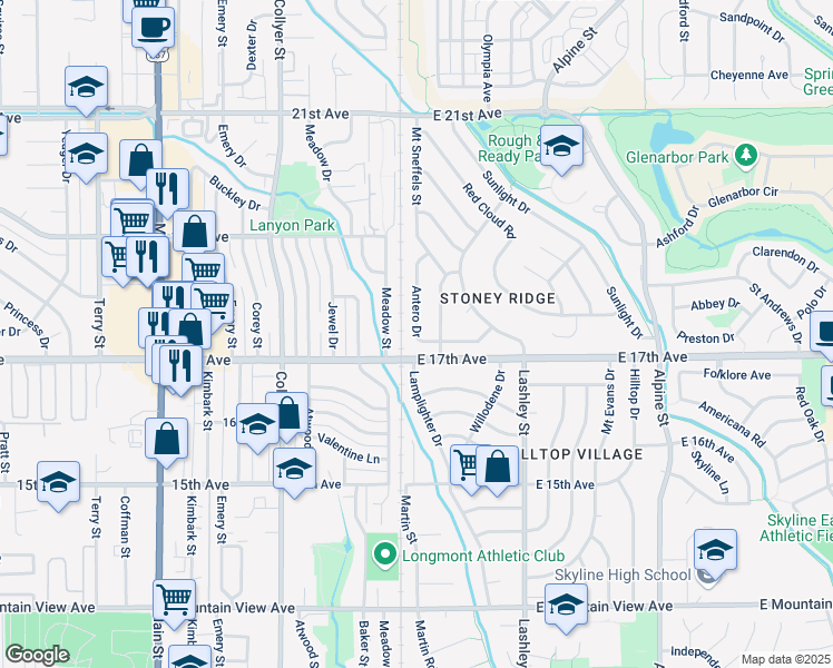 map of restaurants, bars, coffee shops, grocery stores, and more near 1767 Antero Drive in Longmont