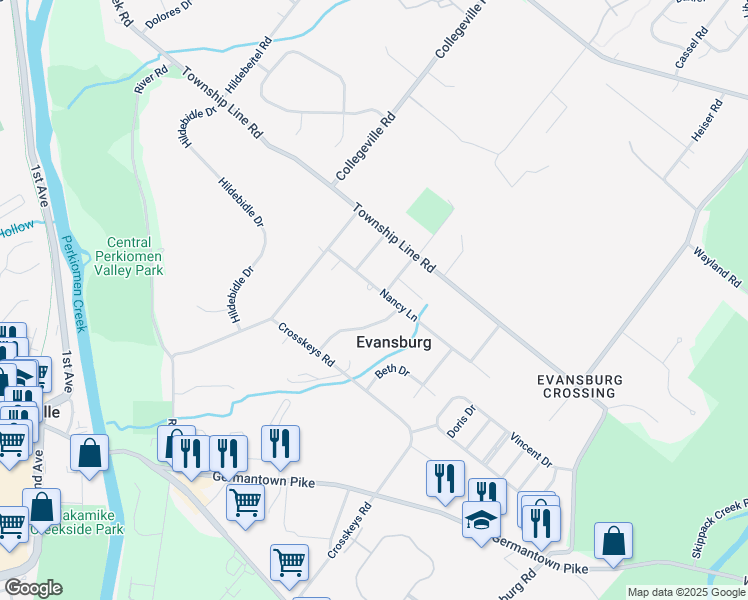 map of restaurants, bars, coffee shops, grocery stores, and more near 3948 Nancy Lane in Collegeville