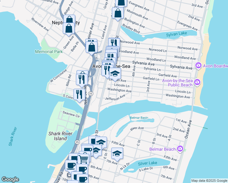 map of restaurants, bars, coffee shops, grocery stores, and more near 438 Washington Avenue in Avon-by-the-Sea