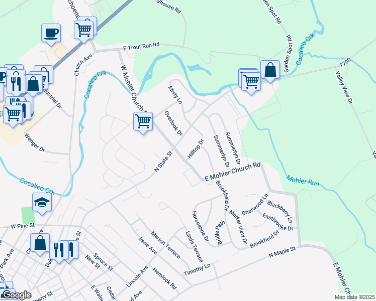 map of restaurants, bars, coffee shops, grocery stores, and more near 10 East Mohler Church Road in Ephrata