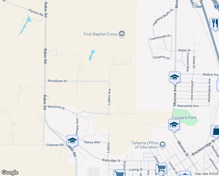 map of restaurants, bars, coffee shops, grocery stores, and more near Ludlow Avenue in Red Bluff