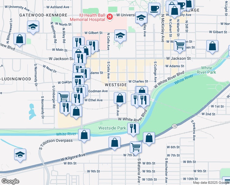 map of restaurants, bars, coffee shops, grocery stores, and more near 2411 West Godman Avenue in Muncie
