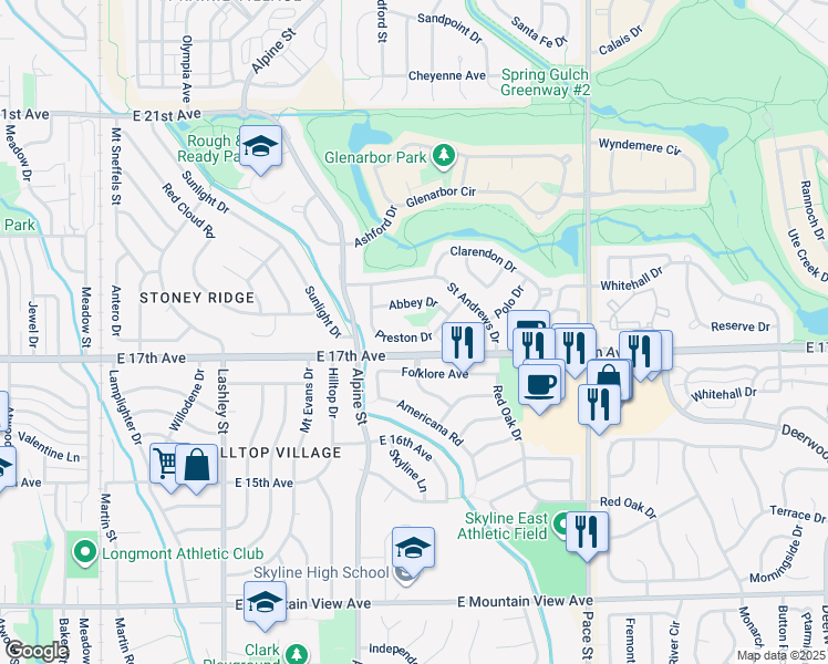 map of restaurants, bars, coffee shops, grocery stores, and more near 1758 Preston Drive in Longmont