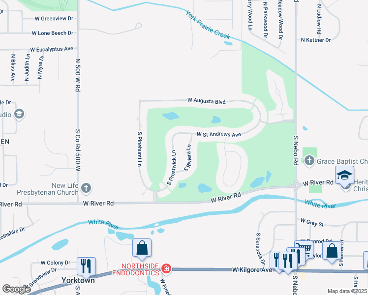 map of restaurants, bars, coffee shops, grocery stores, and more near 409 S Riviera Ln in Yorktown