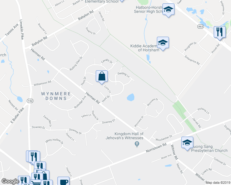 map of restaurants, bars, coffee shops, grocery stores, and more near 14 Hunt Drive in Horsham