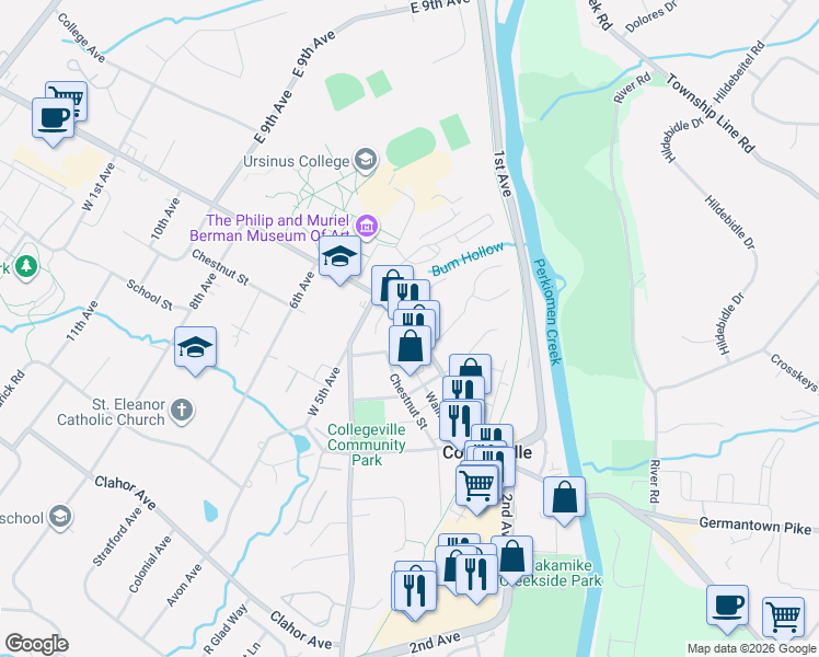 map of restaurants, bars, coffee shops, grocery stores, and more near 460 East Main Street in Collegeville